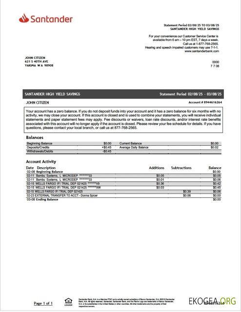 Modèle Word et PDF de relevé de la banque Santander aux États Unis
